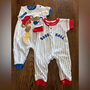 2 Vintage Baseball Baby Jumpsuits Rompers Size 9/12 Months 80s 90s Retro